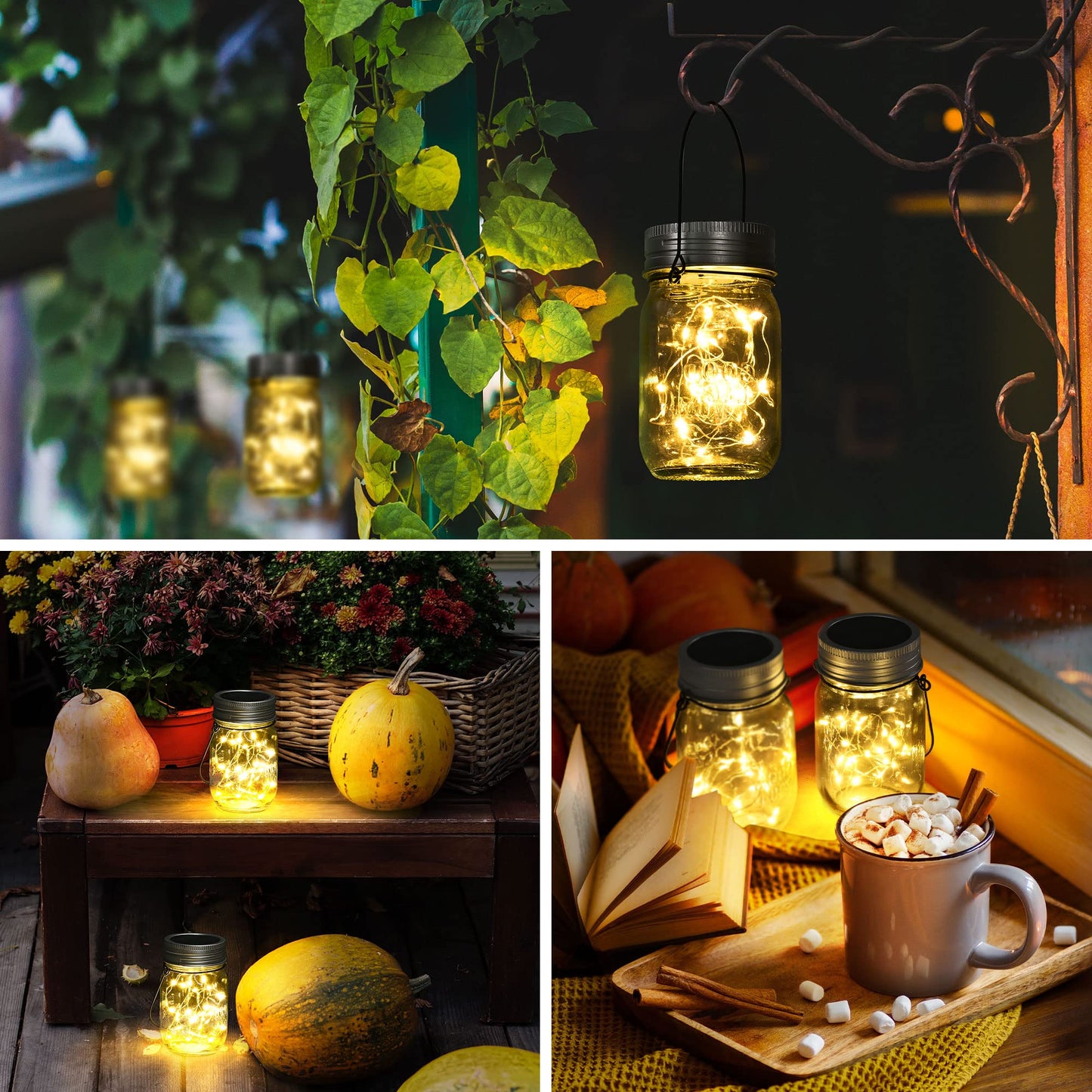 GIGALUMI Hanging Solar Mason Jar Lights, 6 Pack 30 Led Solar Lanterns Outdoor Hanging Lanterns, 6 Hangers and Jars Included. Great Outdoor Lawn Decorate for Patio Garden, Yard and Lawn