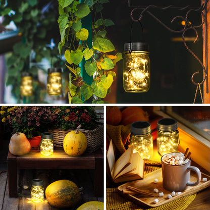 GIGALUMI Hanging Mason Jar Solar Lights, 6 Pack 30 Led Hanging Solar Lanterns Outdoor Waterproof, Hangers and Jars Included, Outdoor Decor for Balcony, Garden, Patio, Yard, Wedding