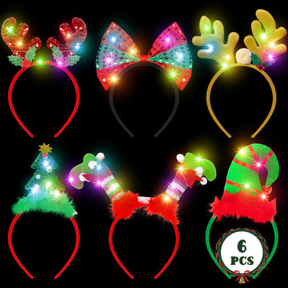 HOVACY Christmas 6 PCS LED Light Up Headband, Reindeer Antler Santa Hat Christmas Tree Leprechaun Hat Bow Hair Hoop for Xmas Holiday Party Favors Adults Women