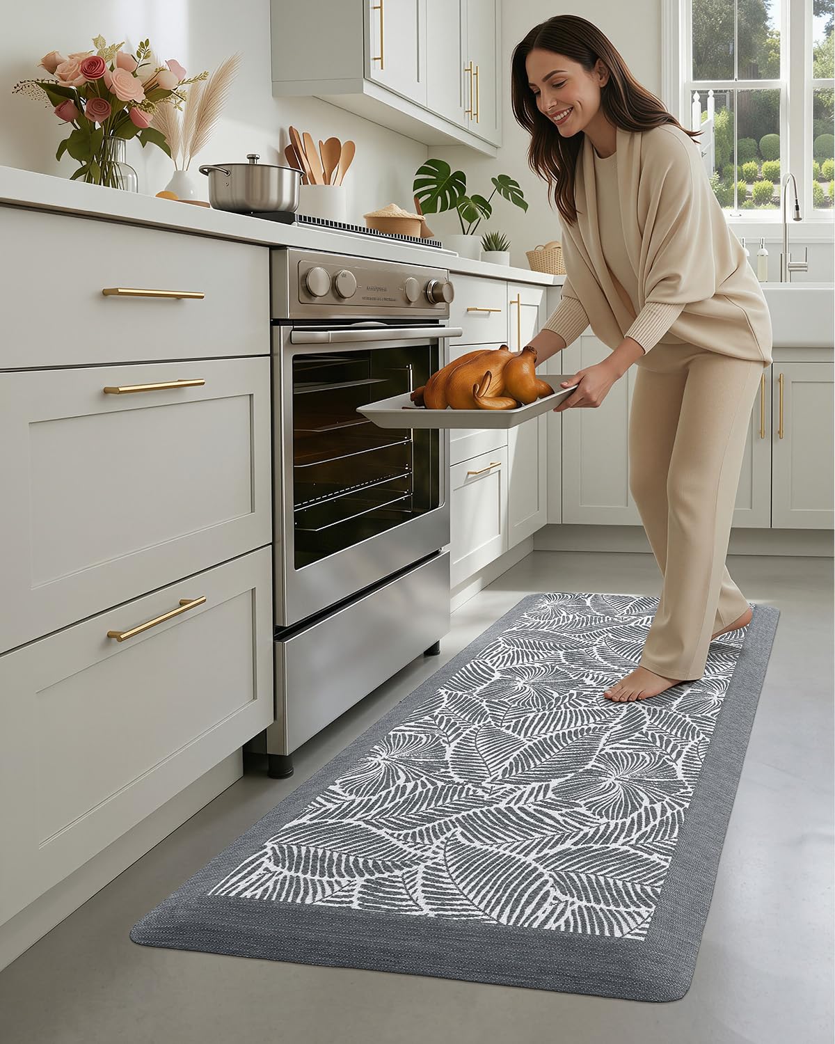 LUMI 0.9" Extra Thick Anti Fatigue Kitchen Floor Mat, High-Density Foam Standing Desk Mat, Tropical Fern Leaf Pattern, Waterproof Non-Slip Comfort Mat for Sink, Office, Laundry, 20"x48", Leaf Grey