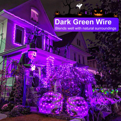 Nielfoi Purple Halloween Lights Outdoor, 100FT 300 LED Halloween String Lights with 8 Modes Waterproof, Plug in Green Wire Twinkle Tree Light for Indoor House Patio Garden Party Decorations