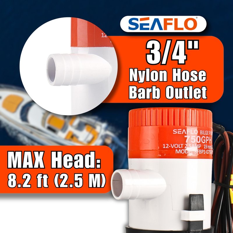 SEAFLO 01 Series 750 GPH Bilge Pump – 12V, 3/4" Outlet, Marine Submersible Pump with Anti-Airlock Protection, CE & Rohs Certified, 4-Year Warranty | Reliable for Boats and Marine Applications