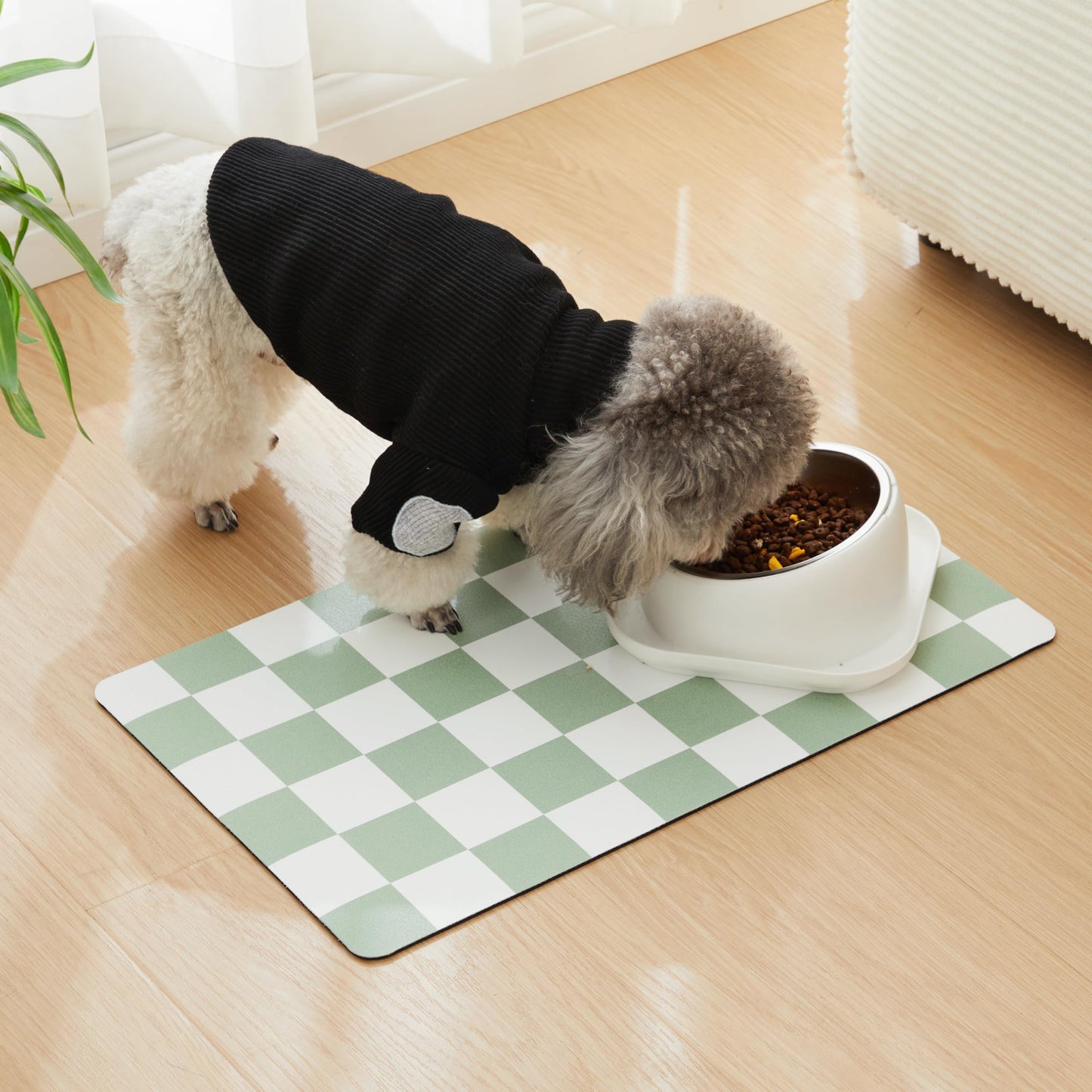 Ralxion Checkered Dog Feeding Mat, Absorbent Mats for Dog Food and Water Bowl, Dispenser, Retro Modern Aesthetic Sage Green Checkerboard Pet Placemat for Dogs, Cats, Puppy Accessories, 12" X19”