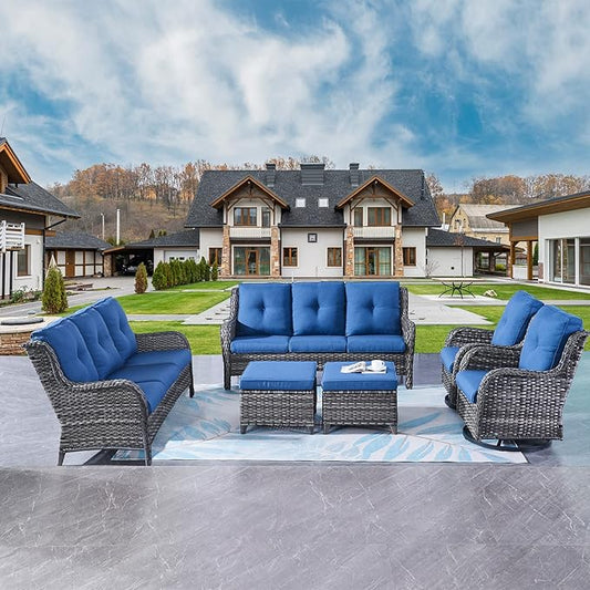 Rilyson Wicker Patio Furniture Set - 6 Piece Rattan Outdoor Sectional Conversation Sets with 2 Rocking Swivel Chairs,2 Ottomans and 2 Sofa for Porch Deck Garden(Mixed Grey/Blue)