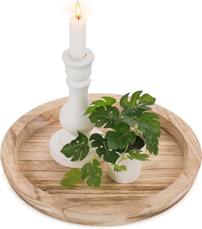 Hanobe Rustic Wooden Serving Tray: Round Wood Decorative Tray Rustic Centerpiece Candle Holder Trays Farmhouse Ottoman Tray for Decor Kitchen Counter Home Decor for Coffee Table