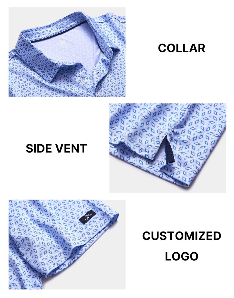 Obla Mens Golf Polo Shirts Short Sleeve Dry Fit Performance Moisture Wicking Casual Print Collared Golf Shirts for Men (Light Blue Diamond_S)