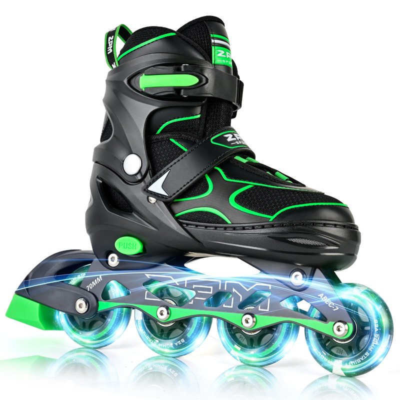 2PM SPORTS Inline Skates for Kids Girls Boys Ages 4-8 8-12 4-7 7-12 10-14 with Light Up Wheels, Adjustable Kids Roller Skates Blades for Adults Men Women Beginners Youths Green, Size Large