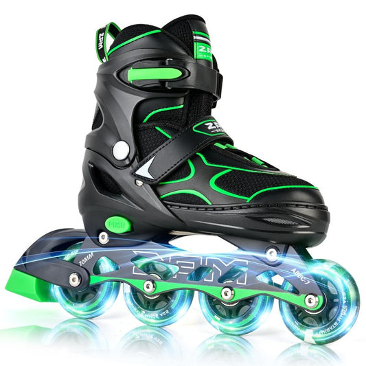 2PM SPORTS Inline Skates for Kids Girls Boys Ages 4-8 8-12 4-7 7-12 10-14 with Light Up Wheels, Adjustable Kids Roller Skates Blades for Adults Men Women Beginners Youths Green, Size Large