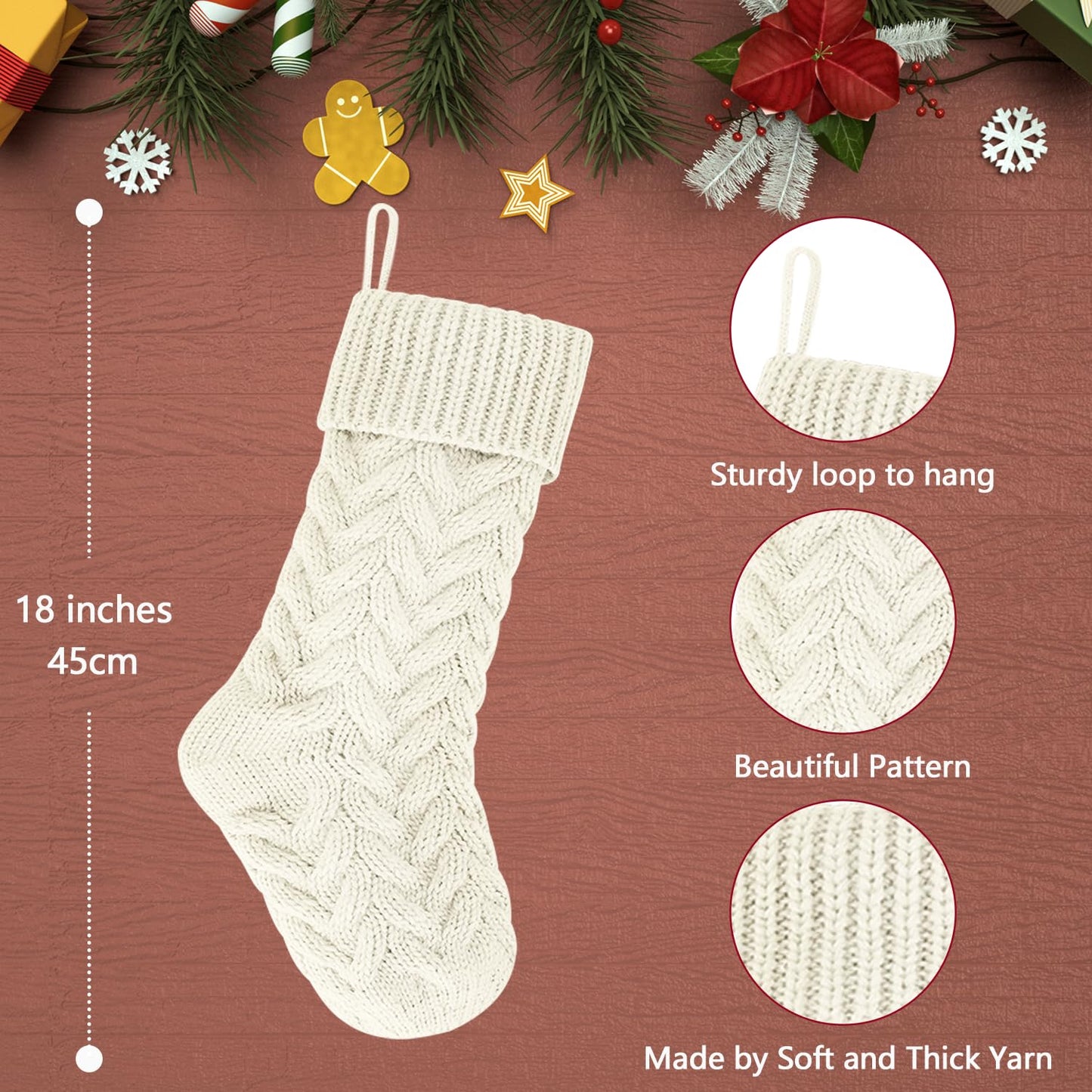 Kunyida 18 Inches Burgundy, Ivory, Green Knitted Christmas Stockings,3 Pack