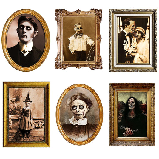 Halloween Decorations 3D Changing Face Horror Pictures Moving Portrait Haunted Pictures Gothic Mansion Portraits Tabletop Picture Frame Scary Wall Decoration for Halloween Party House (Chic,6 PCS)