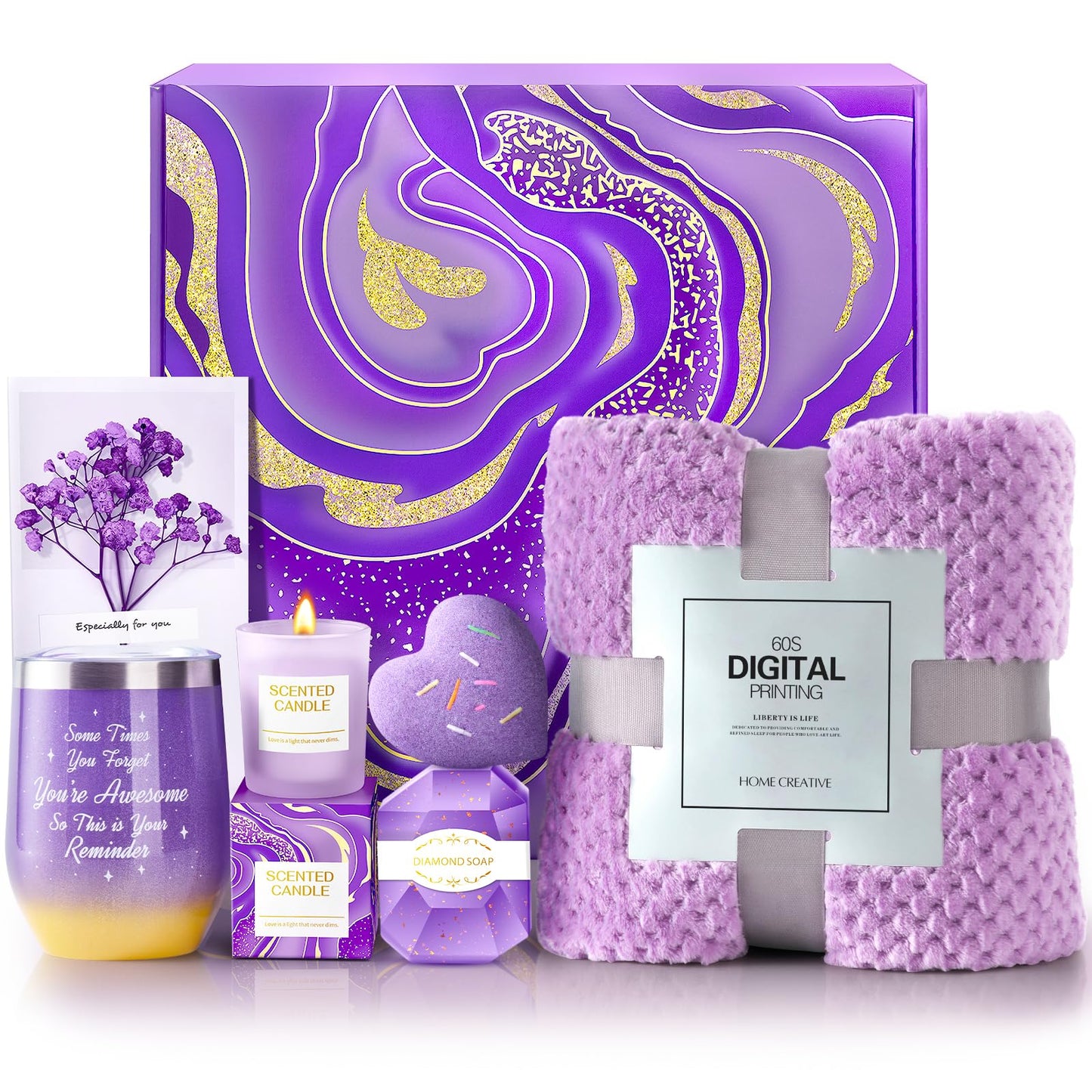 Birthday Gifts for Women Care Package, Get Well Soon Gifts for Mom, Her, Girlfriend, Bestie, Sister, Wife - White Elephant, Christmas, Self Care Gift Basket with Luxurious Flannel Blanket
