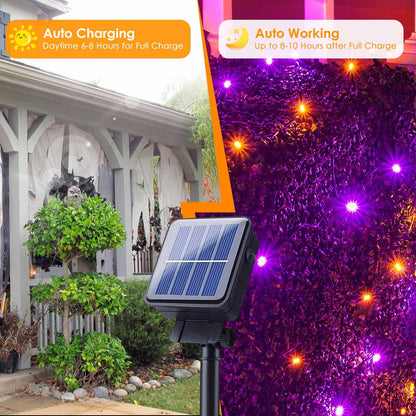 4pk Orange and Purple Solar Halloween Lights Outdoor Waterproof, 400LED 132FT Solar Powered LED String Lights Black Wire with 8 Modes, Solar Fairy Lights for Halloween Horror Party Tree Wedding Decor