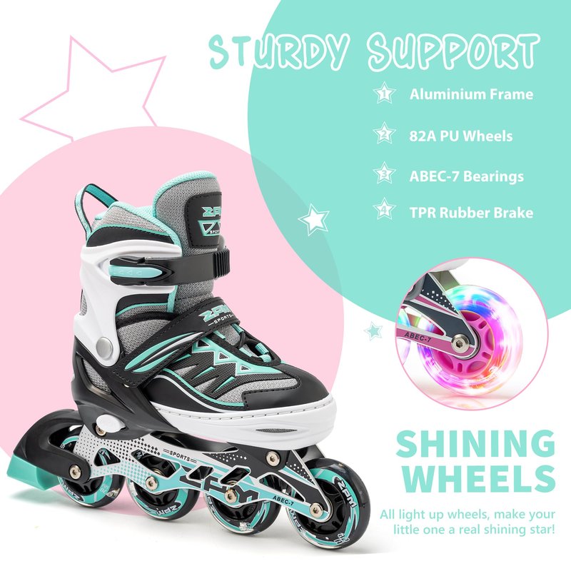 2PM SPORTS Cytia Pink Girls Adjustable Illuminating Inline Skates with Light up Wheels, Fun Flashing Beginner Roller Skates for Kids (Mint, Medium - Big Kid (13C-3 US))