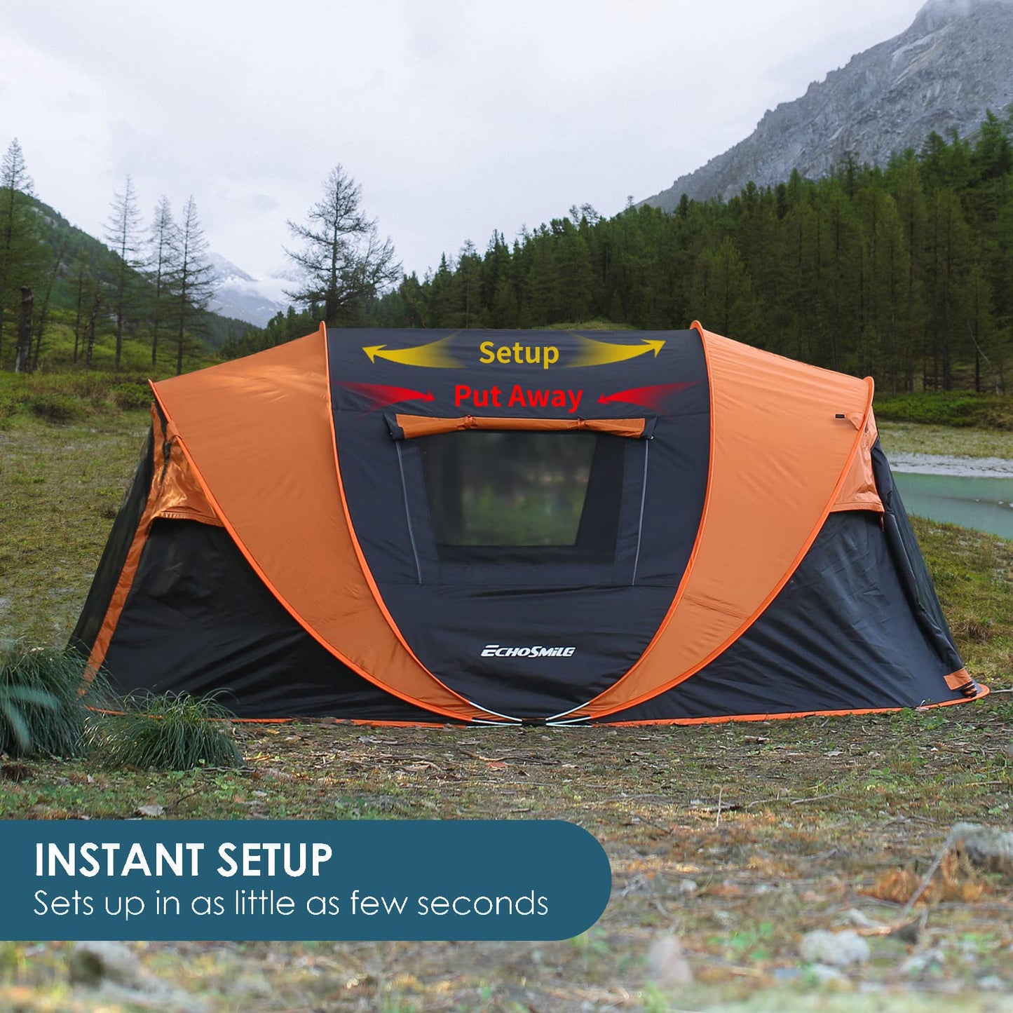 EchoSmile Camping Instant Pop Up Dome Tent, 4/6/8 Person, Water Resistant, Easy Setup for Camping Hiking and Outdoor, Portable with Carry Bag, 3 Season (Black&Orange (5-8 Person))