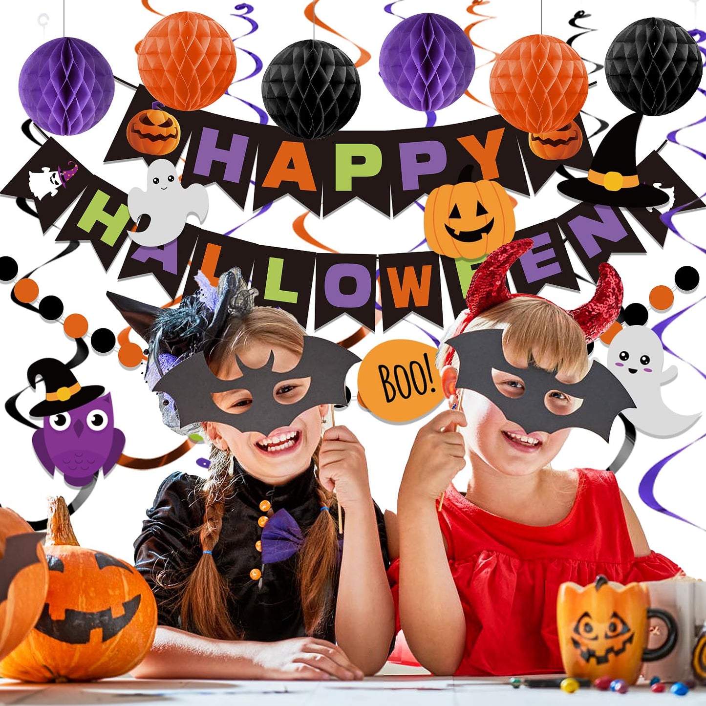 meowtastic Happy Halloween Banner Decorations - Halloween Banner with Honeycomb Ball, Hanging Swirl Streamer, Circle Dot Garland Decorations for theme Party Decorations