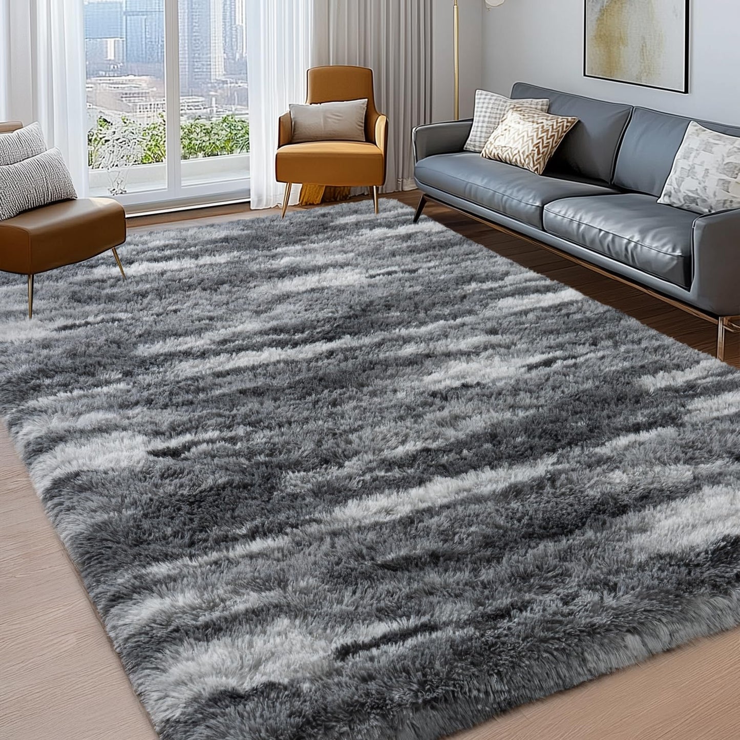Ailyei Shag Rugs for Bedroom, 4x6 Abstract Grey Soft Fuzzy Rugs for Living Room, Fluffy Shaggy Plush Carpet Girls Kids Room Dorm Upgrade Non-Slip