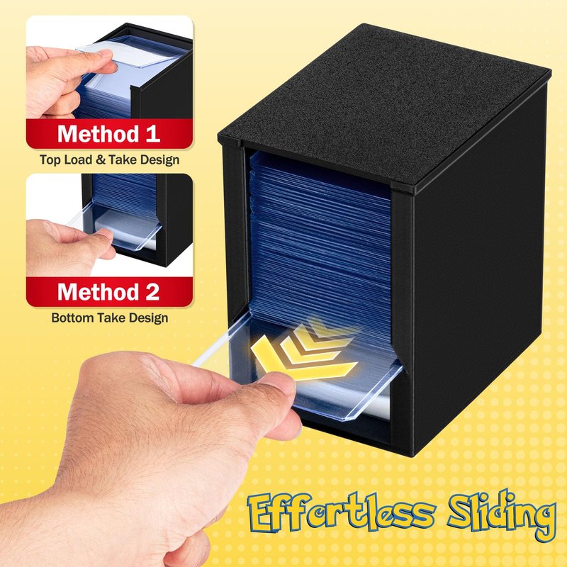 XSHINOVA Toploader Dispenser & Penny Sleeve Holder - Dual Compartment Holds 250 Penny Sleeves & up to 50 Top Loaders, Stackable Card Storage Box with Dustproof Lid (Black)
