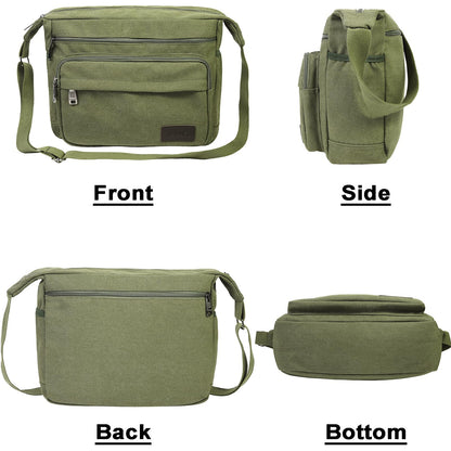 JAKAGO Canvas Messenger Bag Mens/Women Shoulder Bag with Multiple Pockets for School Travel Outdoor Fishing Camping Work Daily Use (15 inch,Green)