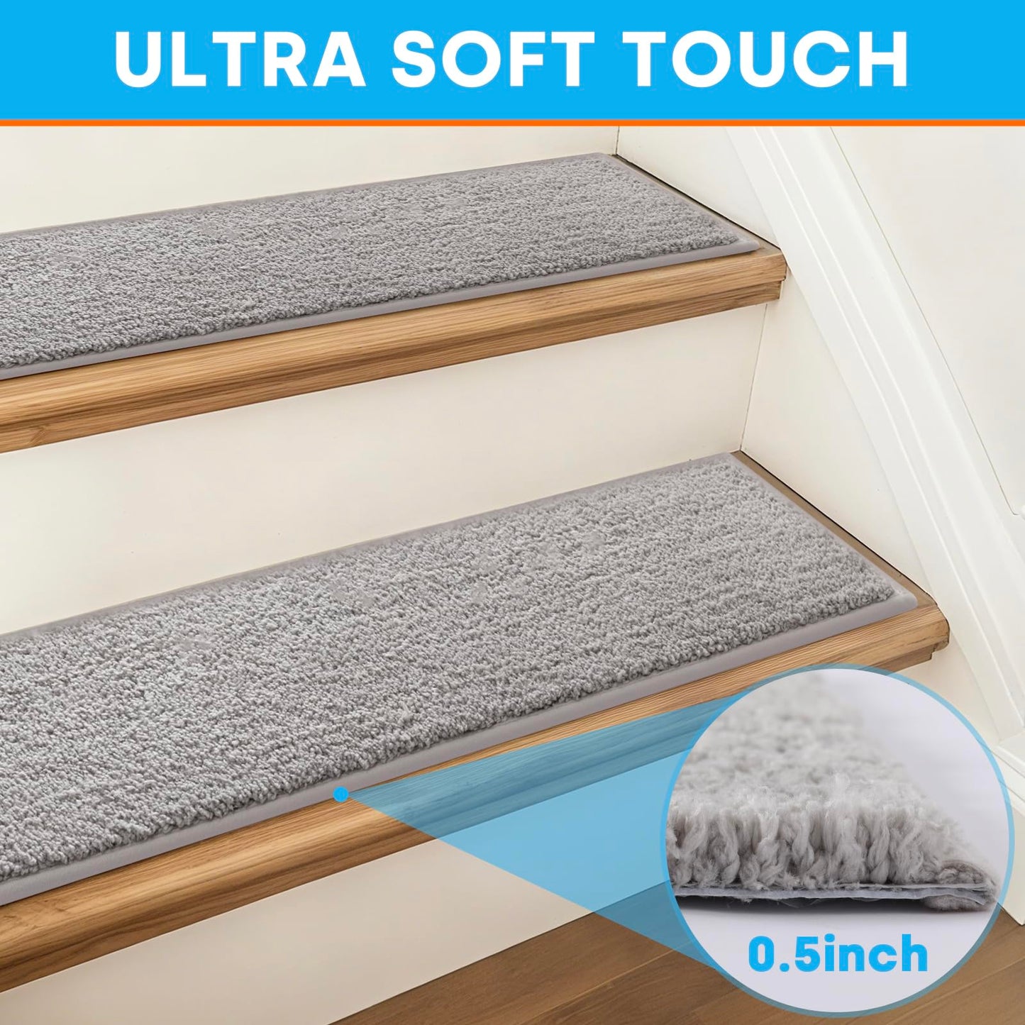 SHIEN Non-Slip Stair Treads for Wooden Steps, 8x30 Inch Extra Thick Stair Mats (13mm), Precisely Sewn Edges & No Trimming Needed, Heavy-Duty Polyester Indoor Carpet Pads (Grey, 12pc)