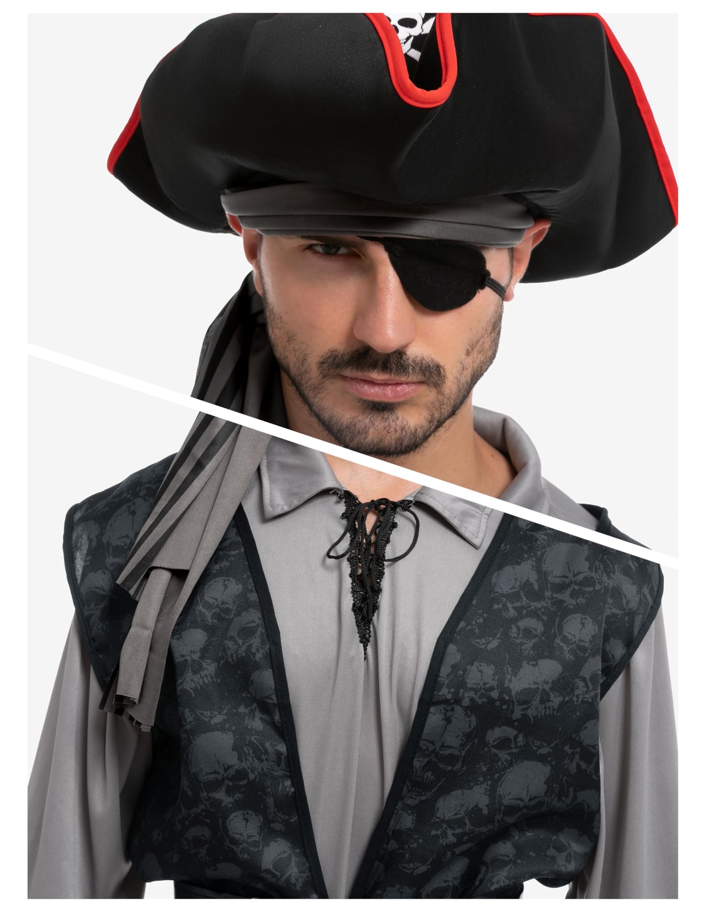 Spooktacular Creations Men Pirate Costume, Adult Grey Pirate Shirt Vest Viking Pants Hat Accessories Set for Halloween Themed Trick or Treating Cosplay Parties (Large)