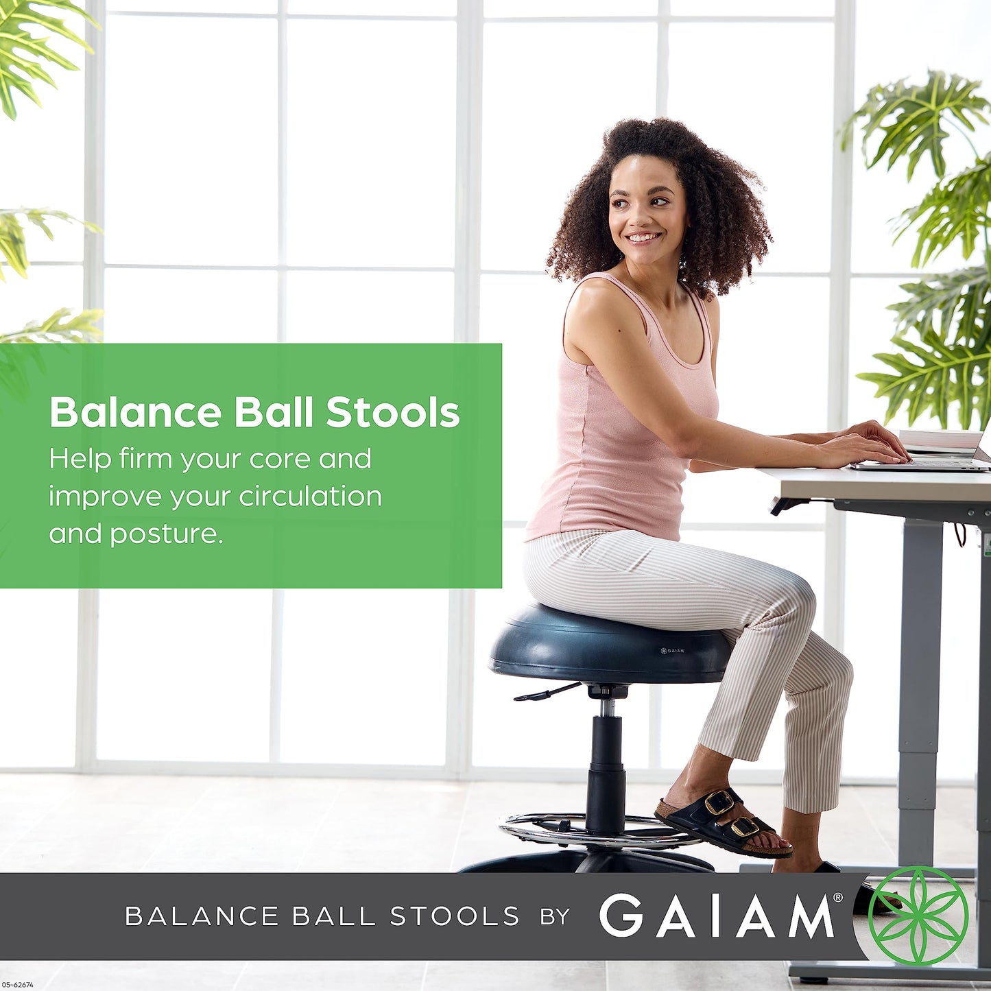 Gaiam Balance Ball Chair Stool, Half-Dome Stability Ball Adjustable Tall Office Sit Stand Swivel Desk Chair Drafting Stool with Round Foot Rest for Standing Desks Home or Office - Black 33
