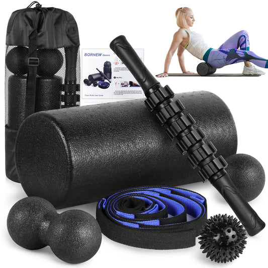 Foam Roller Set - High Density Back Roller, Muscle Roller Stick,2 Foot Fasciitis Ball, Stretching Strap, Massager Ball for Whole Body Physical Therapy & Exercise, Yoga, Back Pain, Leg, Deep Tissue
