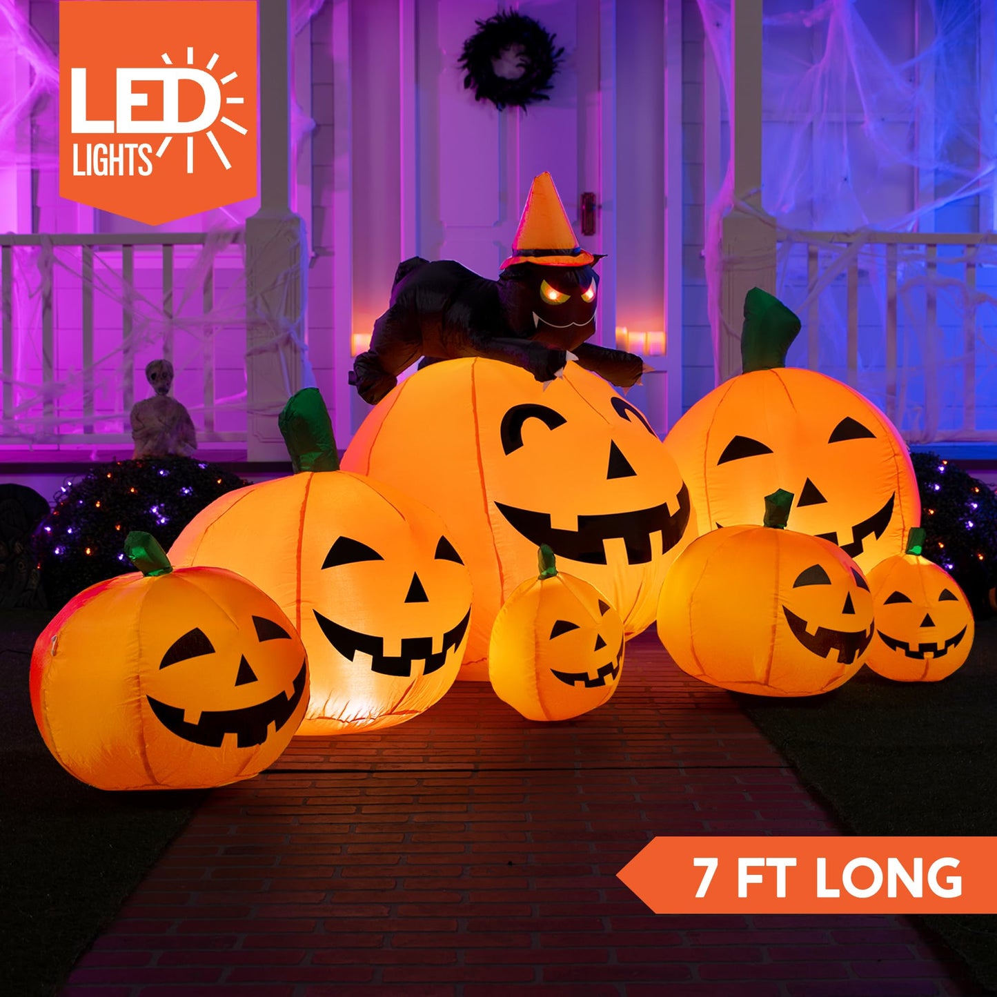 Joiedomi 7 FT Long Halloween Inflatables Pumpkin Outdoor Decorations, 7 Pumpkins Outside Decoration with Witch's Cat with Build-in LEDs Blow Up Inflatables for Party Yard Lawn Garden Decor