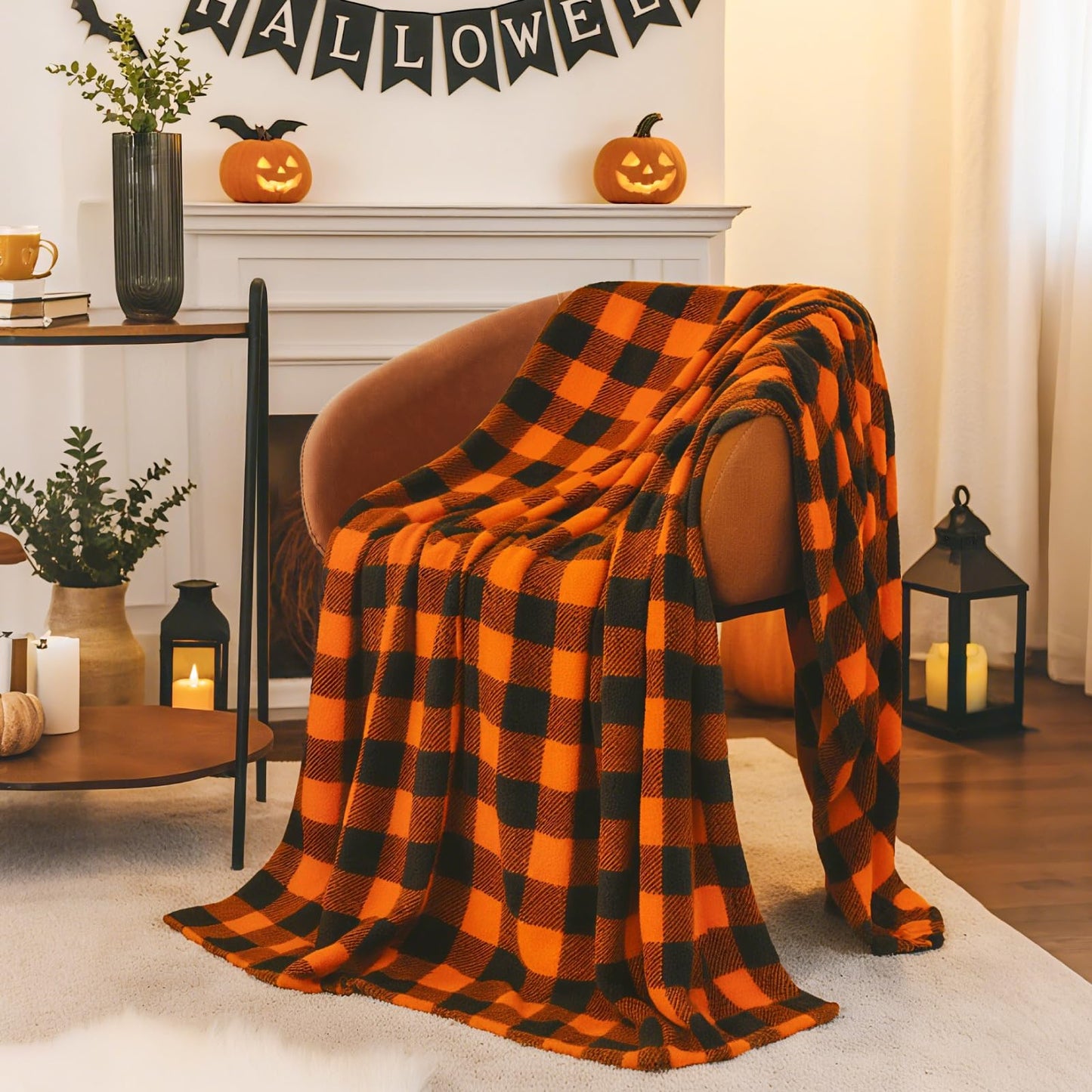 BEDELITE Halloween Blanket for Decor & Gift, Orange and Black Buffalo Plaid Throw Blanket for Couch, Soft & Warm Fleece Throw for Women Men, 50"x60"