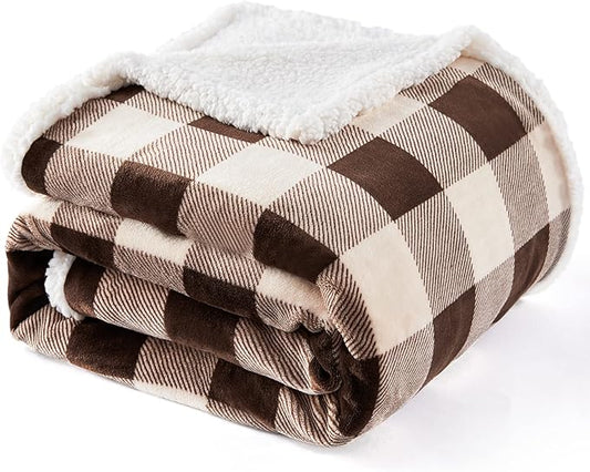 Touchat Sherpa Buffalo Plaid Christmas Twin Blanket 60" X 70", Fuzzy Fluffy Soft Cozy Throw Blanket, Fleece Flannel Plush Microfiber Blanket for Couch Bed Sofa(Brown)