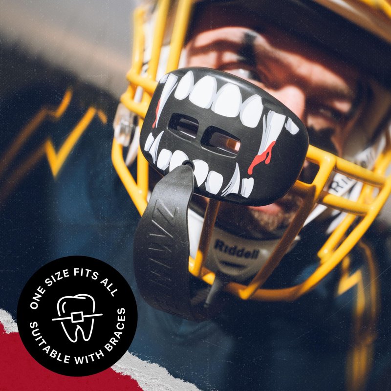 SafeJawz Sports Lip Guard, Football Mouth Guard with Connected Strap, Adults and Junior Breathable Lip Protector for Football, Lacrosse