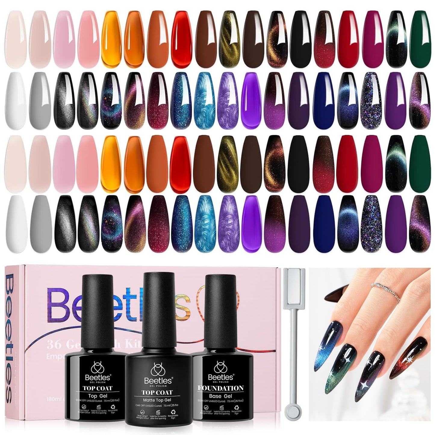 Beetles Cat Eye Gel Nail Polish 39 Pcs Jelly Nail Set Glitter Changing Nail Polish Kit Treasure Box Collection with 3Pcs Base Matte and Glossy Top Soak Off UV Halloween Nails