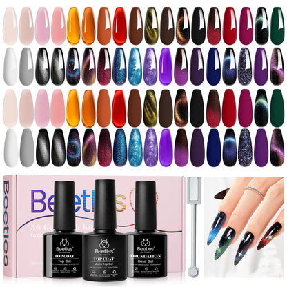 Beetles Cat Eye Gel Nail Polish 39 Pcs Jelly Nail Set Glitter Changing Nail Polish Kit Treasure Box Collection with 3Pcs Base Matte and Glossy Top Soak Off UV Halloween Nails