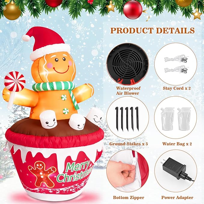 FRAMICS 7 FT Christmas Inflatable Gingerbread Outdoor Decorations, Gingerbread Man in Hot Cocoa Mug Inflatable, Cute Blow Up Yard Inflatable for Party Garden Lawn Yard Gifts Outdoor Indoor
