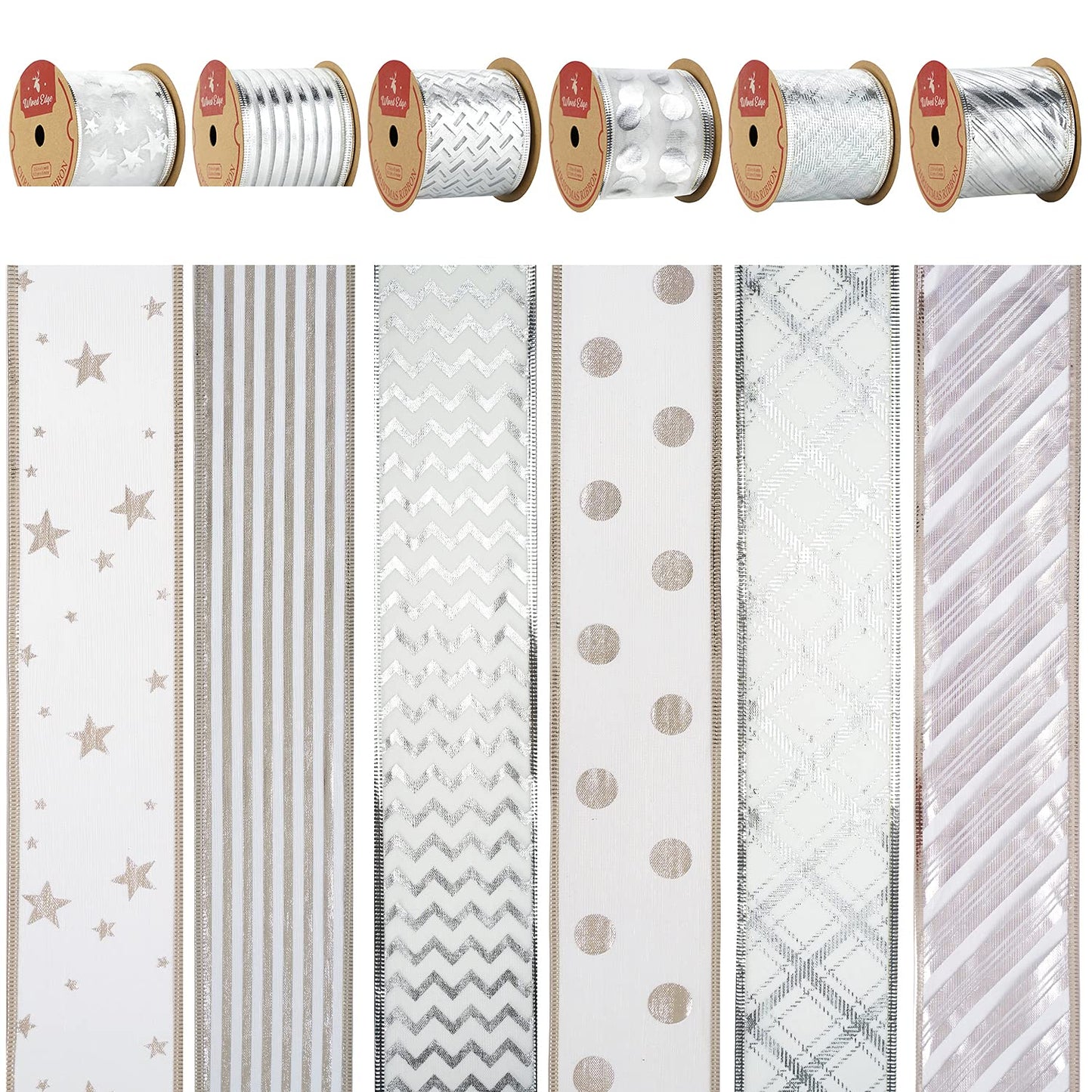 MEEDEE Silver Wired Ribbon for Christmas Tree Decoration - 2.5 Inch, 6 Rolls, 36 Yards - Garland Set for Topper and Bow Making