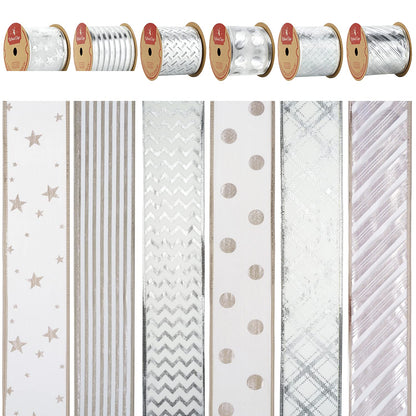 MEEDEE Silver Wired Ribbon for Christmas Tree Decoration - 2.5 Inch, 6 Rolls, 36 Yards - Garland Set for Topper and Bow Making