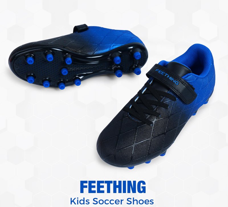 FEETHING Youth Soccer Cleats for Boys and Girls Firm Ground Football Shoes with Easy-On Hook & Loop Closure Lightweight & Breathable for Outdoor Field Play (Little Kid & Big Kid Sizes)