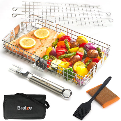 Adjustable Grill Basket w/Removable Handle - 4 Levels of adjustment for endless cooking options - Accessories include basting brush, scrub sponge, & storage bag