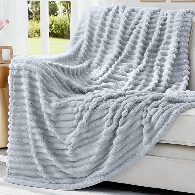 decorUhome Soft Fleece Light Grey Throw Blanket for Couch, Cozy Fluffy Plush Flannel Striped Blanket for Sofa Bed, Lightweight Decorative Ribbed Fuzzy Blanket for Woman, 50x60 Inches