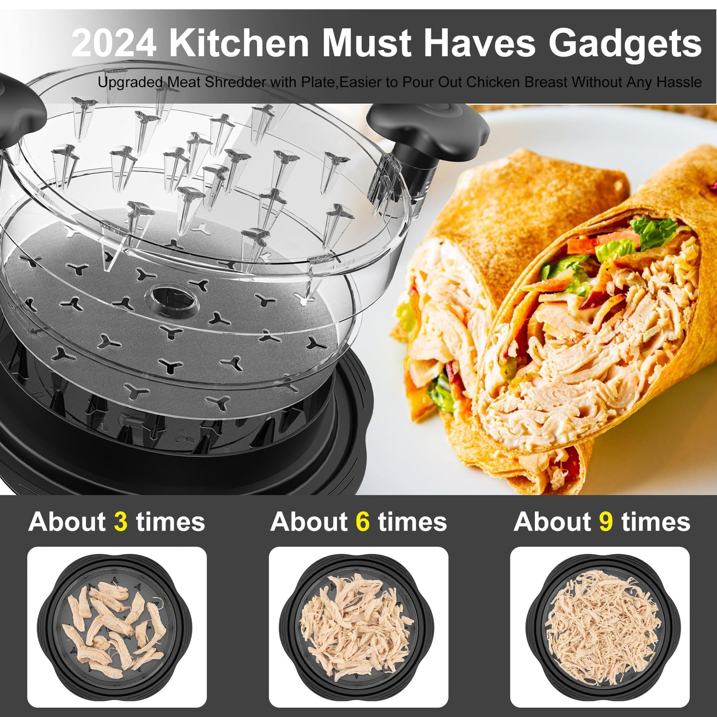 Chicken Shredder with Removable Plate - Manual Meat Shredder Tool with Transparent Lid & Cleaning Brush, Dishwasher Safe Kitchen Gadget for Shredding Chicken, Pork, Beef, Pulled Pork(Black)