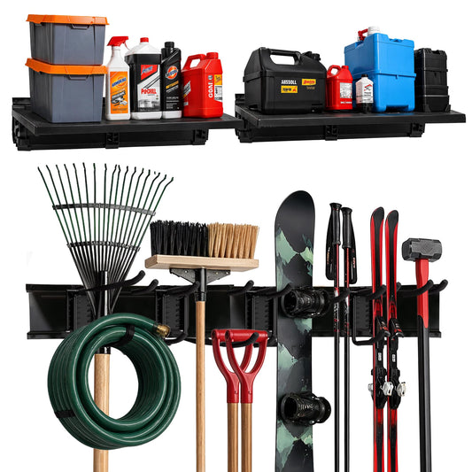 TIDYME Garage Tool Organizer Wall Mount | 48-Inch Garage Wall Organizer & Folding Chair Rack | Heavy-Duty Tool Hanger System | 9-Piece Kit with 3 Steel Rails & 6 Adjustable Hooks | 300 lbs Capacity