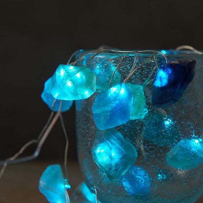 Natural Fluorite LED String Lights for Bedroom 6.5 FT USB/Battery Operated Blue Fairy Lights Sea Glass Crystal Decor Perfect Decorative Light for Bedroom Sea Glass Christmas Tree Kit