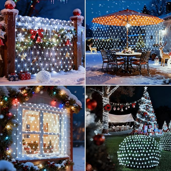 Hezbjiti Battery Operated Christmas Lights Outdoor 100 LED 5FT x 3.3FT Waterproof Timed Memory Net Mesh Lights for Xmas Trees Bushes Garden Yard Lawn Patio Christmas Decor (1Pack Cool White)