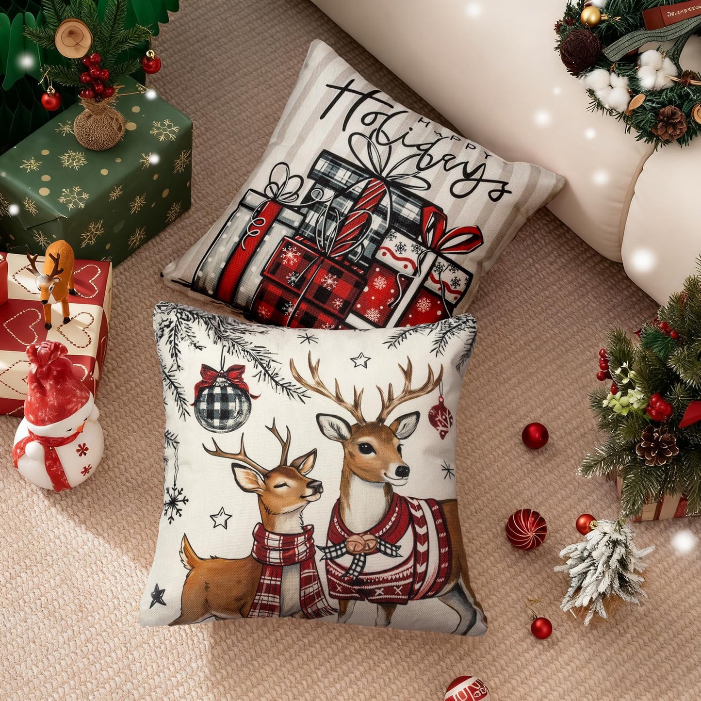Aursaos Happy Holiday Merry Christmas Plaid Pillow Covers 18x18 Set of 4, Grey Striped Red Buffalo Plaid Snowman Tree Deer Decorative Winter Throw Pillow Case for Couch Sofa Living Room