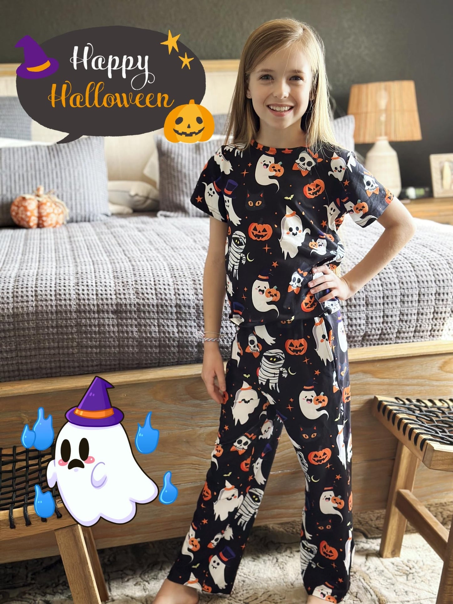 uideazone Size 9-10 Ghosts Pjs Set for Kids Girls Halloween 3 Piece Pajamas Set Cute Sleepwear Set Short Sleeve Shirt Shorts Pants