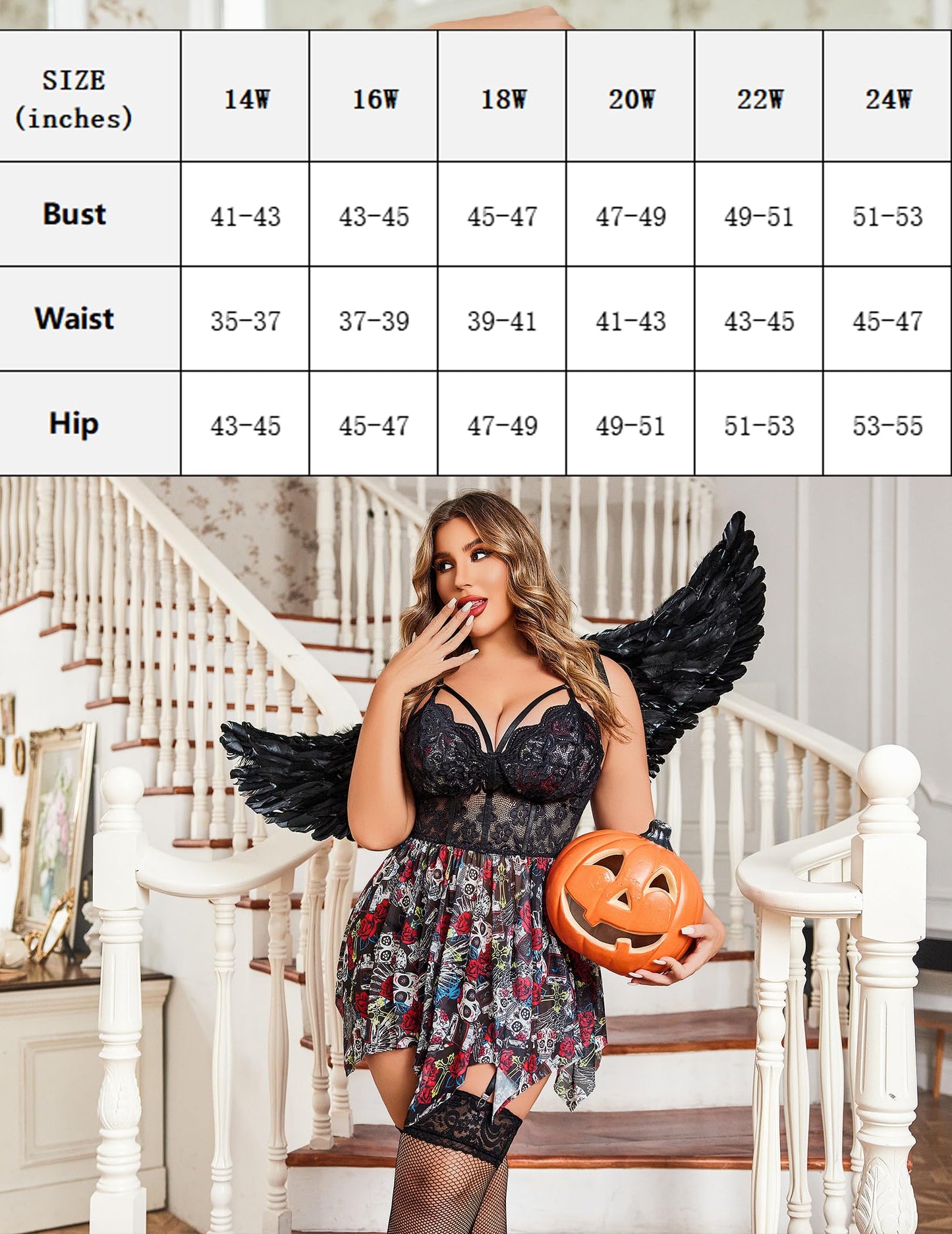 Avidlove Lingerie for Women Halloween Outfits Plus Size Babydoll Lace Nightwear Mesh Sleepwear Ghost Face Print Large