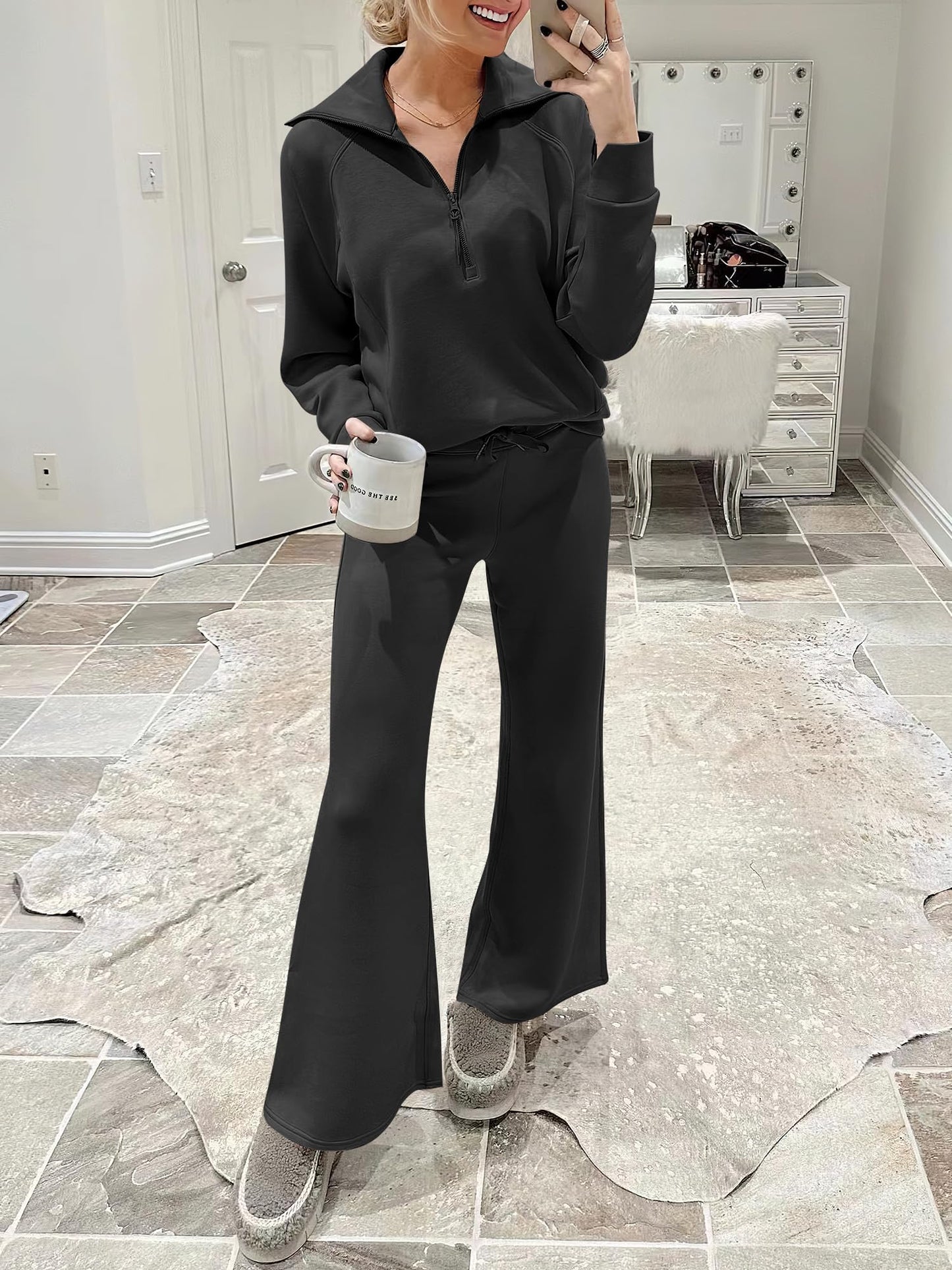 ANRABESS Women 2 Piece Outfits 2025 Fall Fashion Airport Wide Leg Pants Lounge Set Leisure Travel Vacation Clothes Sweatsuits Black X-Small