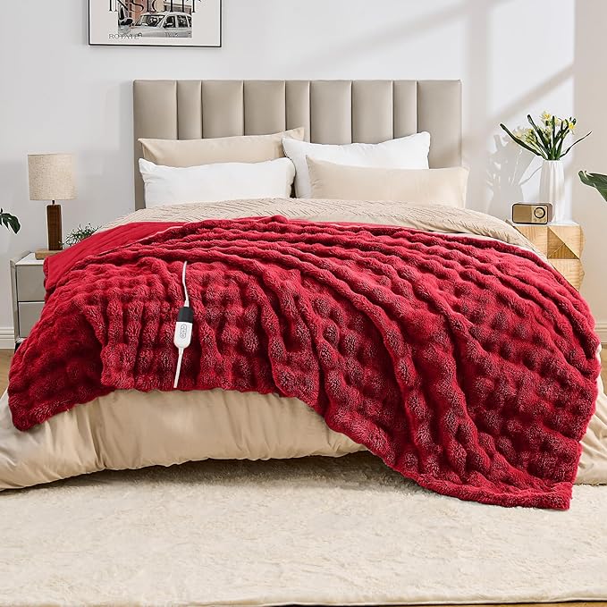 Heated Blanket Electric Throw Blanket 72''X 84''-Heating Blanket with 6 Heat Settings-10 Hours Auto Off,Cozy Faux Rabbit Fur Bubble Electric Blanket,Red