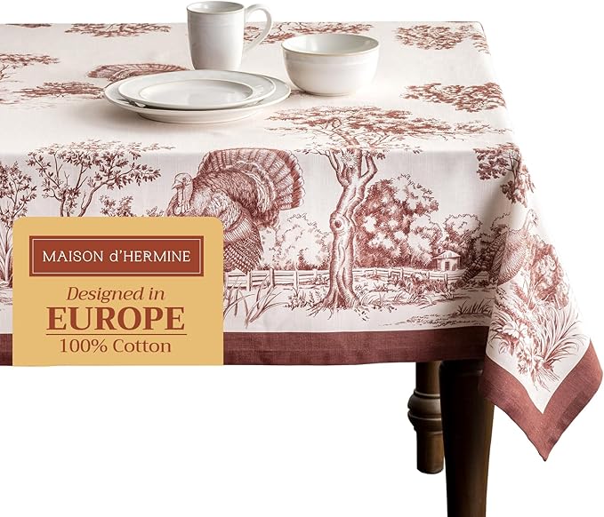 Maison d' Hermine Table Cloth Rectangle Table 100% Cotton 54 x 72 Inches Fall Tablecloth Reusable Everyday Use for Thanksgiving Christmas Decorations Dining Farmhouse Party (Holy Jouy - Brown)