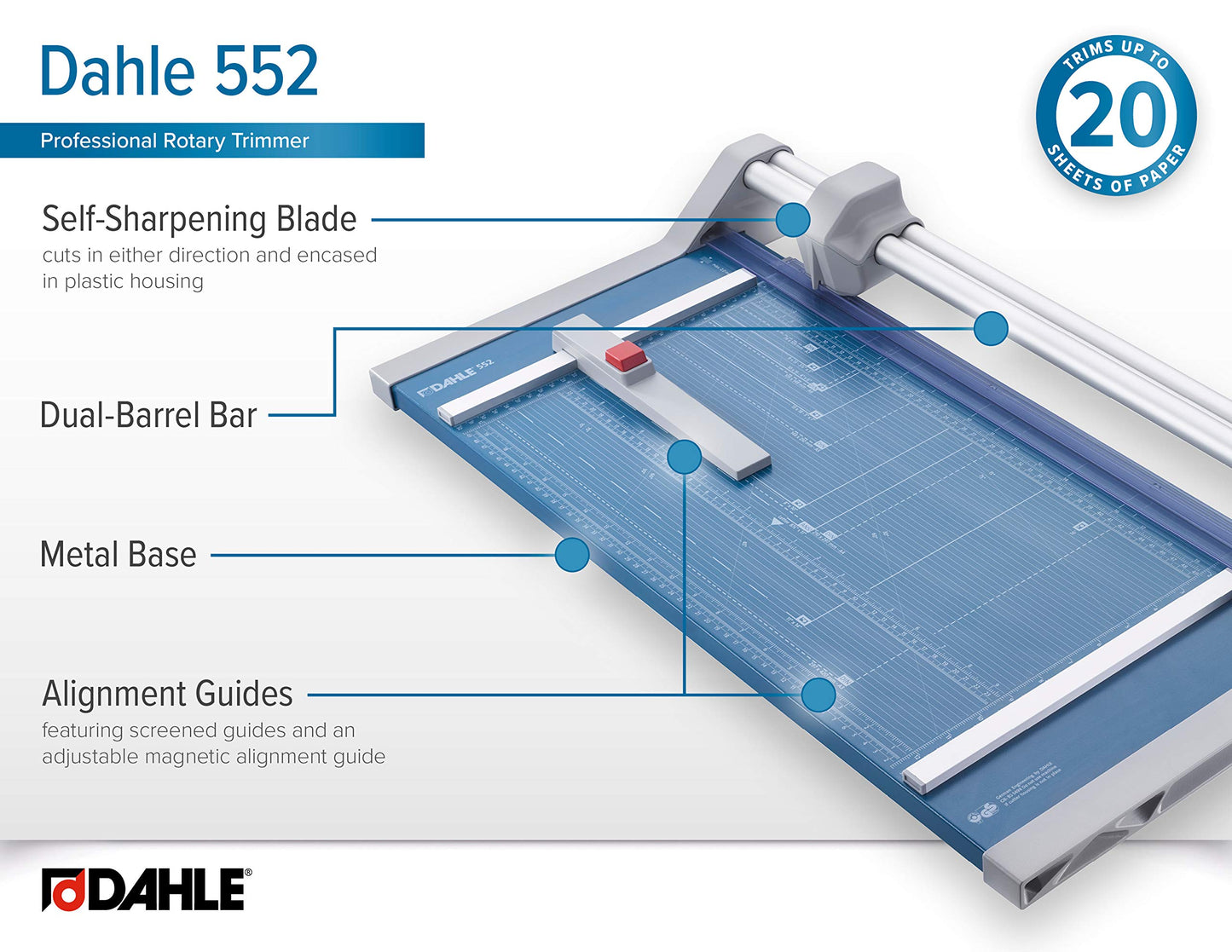 Dahle 552 Professional A3 Self-Sharpening Paper Trimmer, Dual Guide Bar, Automatic Clamp, Safety Protection Cutter, Blue