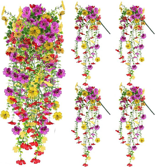 Artificial Fake Hanging Flowers Plants for Outdoor Spring Summer Decoration, 4pcs Faux Silk Realistic UV Sun Resistant Daisy for Outside Porch Patio Window Box Yard Home Decor (Colorful Mix)